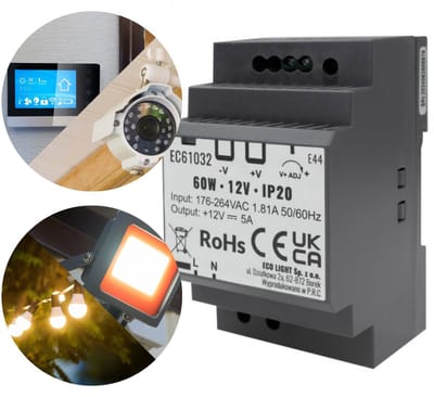 Voeding LED gemonteerd op rail DIN 60W 12V 5A 90,5x52x58,5 mm
