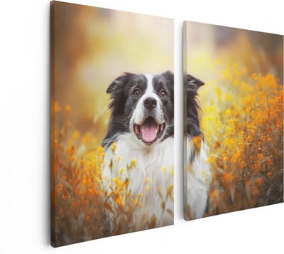 Artaza Canvas Schilderij Tweeluik Blije Hond Tussen De Bloemen - 80x60 - Foto Op Canvas - Canvas Print