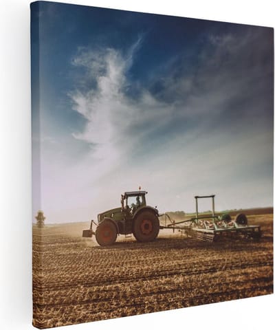 Artaza Canvas Schilderij Landschap - 30x30 cm - Klein - Wanddecoratie Natuur - Muurdecoratie Akker - Kamer Accessoires Tractor