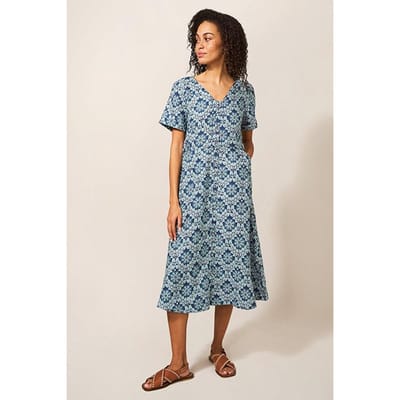White Stuff Ivy Linen Midi Dress Blue Print Maat: 22 REGULAR | Midi Jurken Outlet | Dames | Blauw