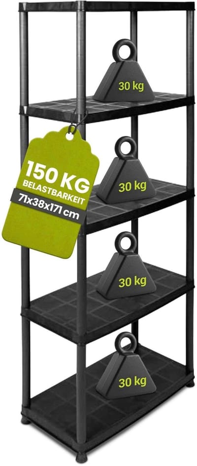Dailygoods- Plastic Rek 5 Planken - Belastbaar tot 30 kg per bodem - Afmetingen 71 x 38 x 170 cm - TÜV Getest - Stabiel en Afwasbaar - Inclusief Wandmontage - Opbergrek