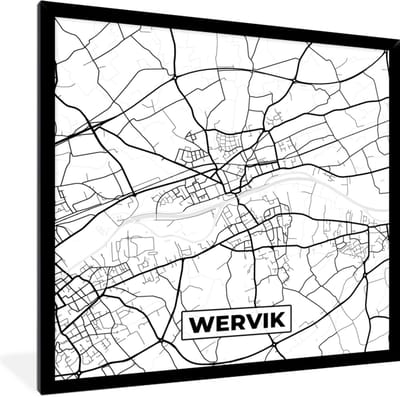 Fotolijst incl. Poster Zwart Wit- Stadskaart – Zwart Wit - Kaart – Wervik – België – Plattegrond - 40x40 cm - Posterlijst