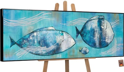 Canvas schilderij panoramisch handgeschilderd zeefamilie vissen onderwaterwereld – YS-Art Gallery – Unieke wanddecoratie voor woonkamer – Vrolijk schilderij voor kinderkamer en hal