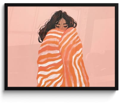 Poster in lijst - Fotolijst 70x50 cm - Posters - Meisje - Deken - Gestreept - Oranje - Posterlijst zwart - Decoratie - Wanddecoratie woonkamer - Muurdecoratie slaapkamer