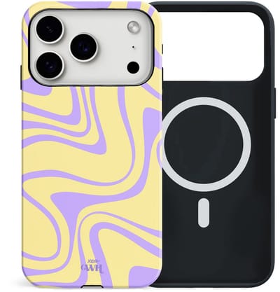 xoxo Wildhearts siliconen hoesje geschikt voor iPhone 17 Pro MagSafe hoesje - Sunny Side Up - Double Layer - Magnetisch telefoonhoesje - Magneet case - Backcover met dubbele beschermlaag - Golvenprint - Golvend patroon - golven - Geel / Paars
