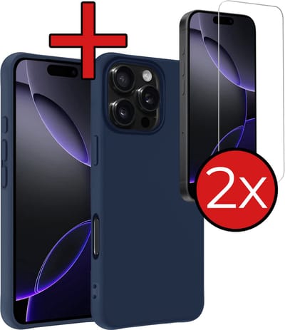 Hoesje - Met 2x Screenprotector - Geschikt voor Apple iPhone 16 Pro - Sterk & Shockproof - Telefoon Hoes - Back Cover - Siliconen Case - Telefoonhoes - Donkerblauw