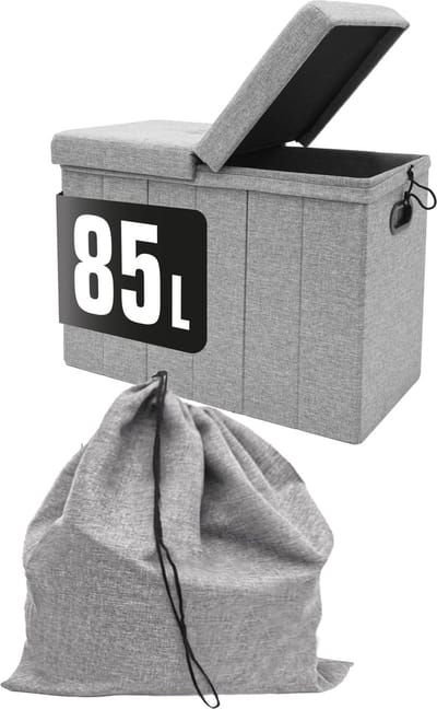 85L Wasmand met Gewatteerd Deksel - 62x31x45 Bank met Stevig Houten Frame - Wasverzamelaar Groot