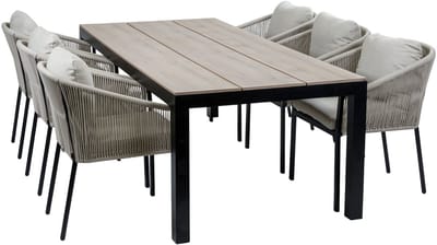 7-delige tuinset | 6 Elvira tuinstoelen (Black) | Tuintafel Cyprus 225x100cm (Wood)