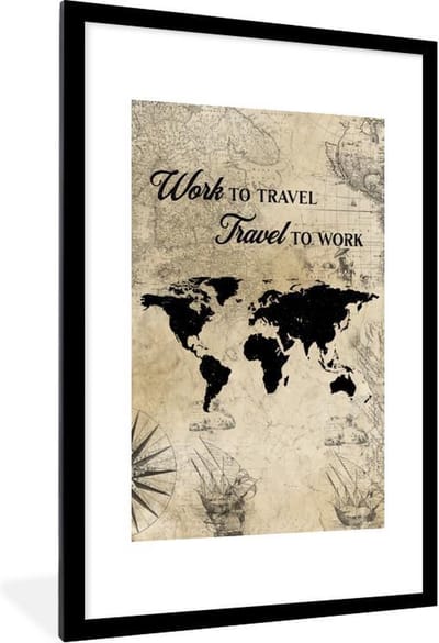 Poster in lijst - Wereldkaart - Vintage - Quotes - Bruin - Fotolijst - Wanddecoratie - Poster - Slaapkamer - Kader - 80x120 cm - Kamerdecoratie - Foto in lijst - Muurdecoratie - Poster frame