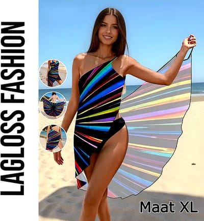 LaGloss® Sexy Strandjurk Regenboog – Omslagdoek met Één Schouder & Kruisrug – Maat XL