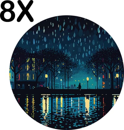 Luxe Ronde Placemat - Regenachtige Nacht - Skyline - Illustratie - Set van 8 Placemats - 50x50 cm - 2 mm dik Vinyl - Anti Slip - Afneembaar