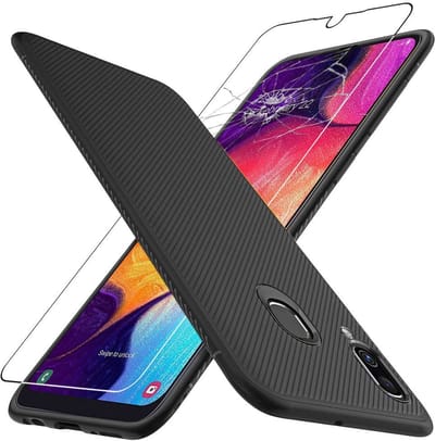 ebestStar - Hoes geschikt voor Samsung A30 Galaxy SM-A305F, Hoogwaardig Zacht TPU Bescherming, Koolstof Design Hoesje, Zwart + Gehard Glas