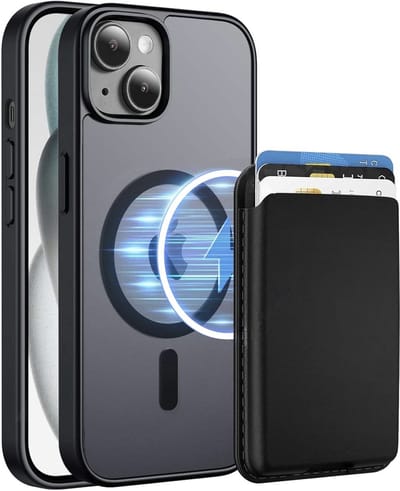 Hoesje met Pasjeshouder geschikt voor iPhone 15 Hoesje - 2 Pack - Afneembare Magnetische Pasjeshouder - Vegan Leer - Geschikt voor Magsafe iPhone 15 - Sterk Slank en Stootbestendig - Doorzichtig - Mat Zwart