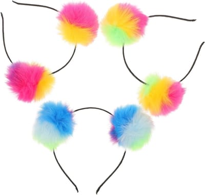 Set van 3 kleurrijke pluizige pompon-haarbanden voor dames, met oren en lus, perfect voor feestjes en kostuums