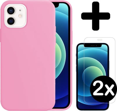 Hoesje - Met 2x Screenprotector - Geschikt voor Apple iPhone 12 - Sterk & Shockproof - Telefoon Hoes - Back Cover - Siliconen Case - Telefoonhoes - Lichtroze