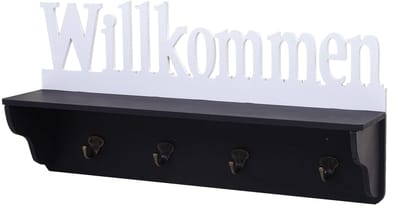 Wandkapstok MCW-D41 Welkom, kapstok plank, 4 haken solide 30x60x13cm ~ zwart/wit