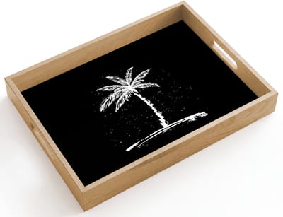 Dienblad hout 40x30 cm - Schootdienblad - Palmboom - Wit - Zwart - Tropisch - Borrelplank rechthoek - Plateau dienbladen
