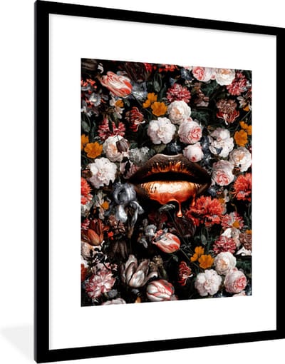 Fotolijst incl. Poster - Lippen - Bloemen - Verf - Oranje - Kunst - Abstract - Oude meesters - 60x80 cm - Posterlijst