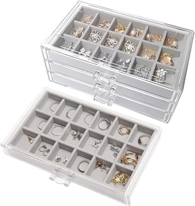Elegante Sieradenopbergdoos voor Vrouwen, Stapelbare Fluwelen Organizer voor Oorbellen, Duidelijke Acryl Sieradenopslag voor Ringen, Oorbellen en Kettingen (Grijs)