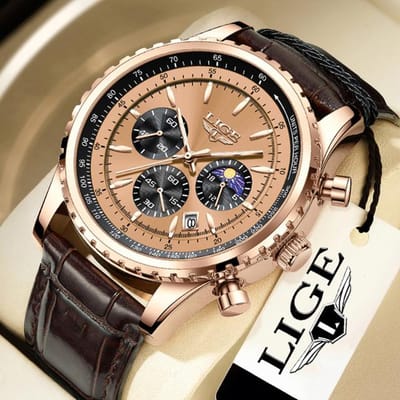 LIGE Nieuwe Herenhorloges Topmerk Luxe Heren Polshorloge Leer Quartz Horloge Sport Waterdicht Datum Chronograaf goud/bruin