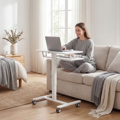 MIVRAY Zit Sta Bureau - In Hoogte Verstelbaar Met Toetsenbordplank En Wielen - Voor Thuiswerkplek - Hout Wit - 65x60 cm