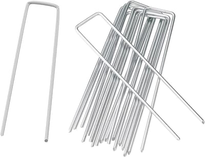 25 stuks grondpennen - U-vormige grondpennen van gegalvaniseerd ijzer - Tuinpennen van gazonbeschermingsdoek - Zware hekpennen - Geschikt voor het bevestigen van irrigatiebuizen, onkruidbarrières en randen - Zilver - 2,5 x 4 x 20 mm