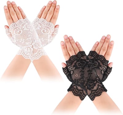 Elegante Korte Kanten Vingerloze Bloemhandschoenen voor Bruiloft en Feestjes, Zwart en Wit, 15*8cm, Perfect voor Kostuums en Theepartijen