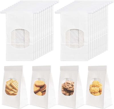 Set van 20 Herbruikbare Kraft Papieren Tassen met Venster voor Gebak, Snacks en Sandwiches