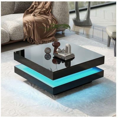 Table basse carrée noire - style technologique moderne avec éclairage LED 16 couleurs, 70x70x36 cm, charge max. 45 kg