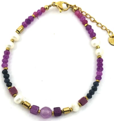 Armband Dames - Kralen en Steentjes - RVS - Verstelbaar 16-21 cm - Donkerpaars
