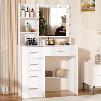 Kaptafel met spiegel - Slaapkamer meubel - Make-up aanbrengen - Instelbare verlichting - 80 x 130 cm - Wit