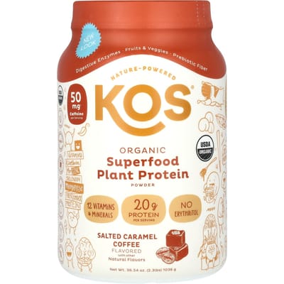 KOS, Poudre de Protéines Végétales Superaliment Bio, Café Caramel Salé, 2,3 lb (1,036 g)
