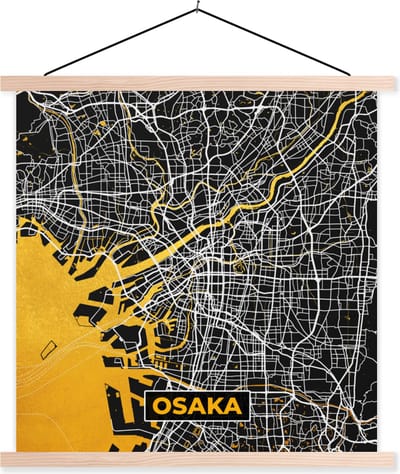 Posterhanger incl. Poster 40x40 cm - Schoolplaat - Goud - Osaka - Stadskaart - Plattegrond - Kaart - Textielposter - Blanke latten - Stadskaart