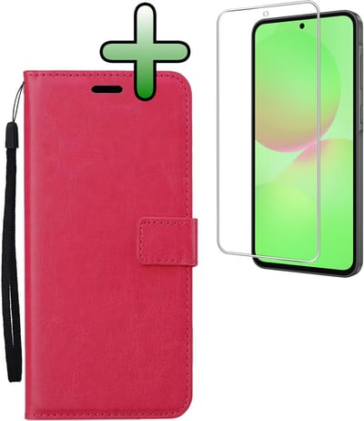 Hoesje Met Screenprotector - Geschikt voor Samsung Galaxy A36 - Luxe Pasjeshouder - Bookcase Portemonee - Flip Case - Kunstleer Book Case - Flipcase - Book Cover - Walletcase - Portemonneehoes - Donkerroze