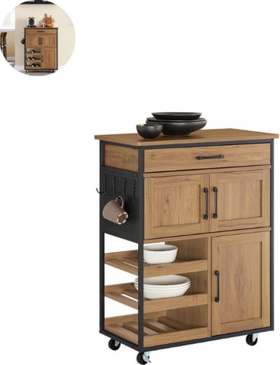 Keukeneiland - Verplaatsbaar - Keukenkast - Dressoir - Organizer - Kasten - Houten Werkblad - 2 Deuren - Houtlook