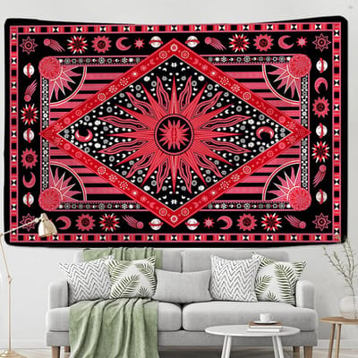 Tapisserie murale suspendue au soleil brûlant, Style bohème, Hippie, Mandala de sorcellerie, décoration de fond pour la maison 95x70CM red