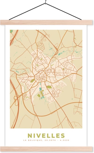 Posterhanger incl. Poster 40x60 cm - Schoolplaat - Vintage - Nivelles - Kaart - Plattegrond - Stadskaart - Textielposter - Blanke latten - Stadskaart