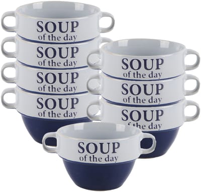 Bellatio Design Soepkommen - 8x - 500 ml - Soup of the day - keramiek - D12 x H8 cm - blauw - Stapelbaar