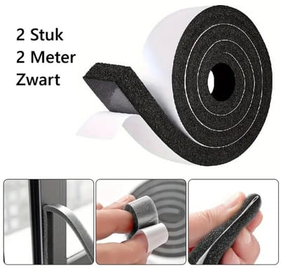 Set Van 2 Zelfklevende Deurafdichtstrips I Tochtstrip I Isolatieschuimtape I Geluid, Stof & Tocht Isolatie I 2 Meter I Zwart