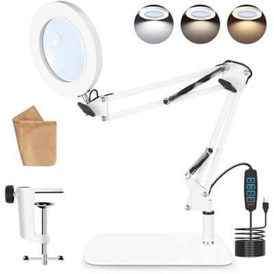 Vergrootglas met licht en standaard - LED vergrootlamp met klem, 3 kleurmodi, 10 helderheidsniveaus, dimbare bureaulamp voor hobby, knutselen en lezen
