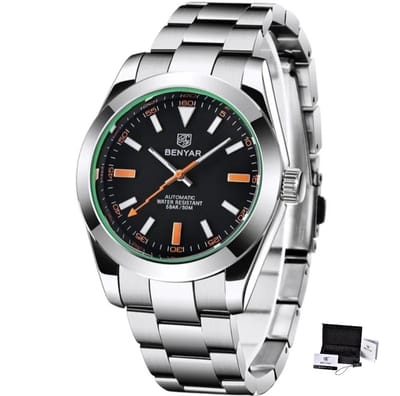 BENYAR Automatisch Zwart Wijzerplaat Herenhorloge Roestvrij Staal Waterbestendig 50M Mechanisch Polshorloge met Hardlex Glas - Model BY-5176M