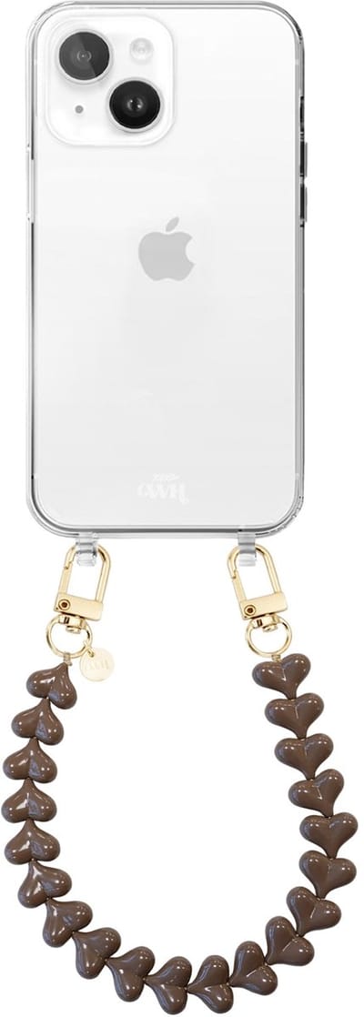 xoxo Wildhearts siliconen hoesje geschikt voor iPhone 13 hoesje - Funky Hearts (Dark Brown) - Telefoonhoesje - Hoesje met koord - Bordeaux rood koord - kort telefoonkoord - Hartjes ketting - Transparant hoesje