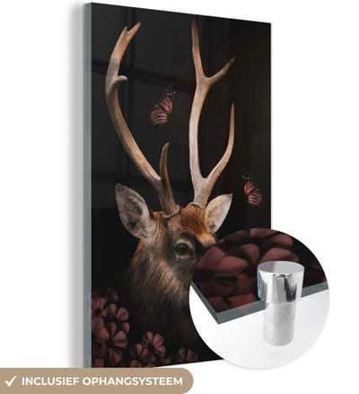 MuchoWow® Glasschilderij 40x60 cm - Schilderij acrylglas - Hert - Jungle - Vlinder - Bloemen - Foto op glas - Schilderijen