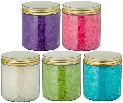 Badzout - 300 gram - set van 5 verschillende geuren - Gouden Deksel - Relaxing Moment, Eucalyptus, Opium, Lavendel en Rozen