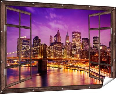 Gards Tuinposter Doorkijk Skyline New York van Centrum in het Paars - 180x120 cm - Tuindoek - Tuindecoratie - Wanddecoratie buiten - Tuinschilderij