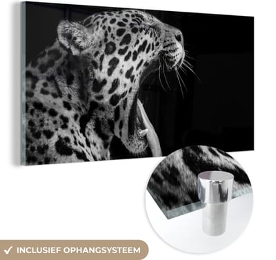 MuchoWow® Glasschilderij 40x20 cm - Schilderij acrylglas - Jaguar - Dier - Zwart - Wit - Foto op glas - Schilderijen