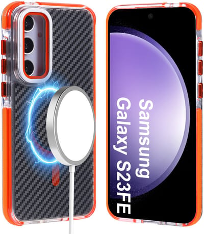 Magsafe Hoesje Geschikt voor Samsung S23 FE hoesje Oranje Heavy Duty Carbon Case met Versterkte Zijkanten, MagSafe en Camera Kickstand