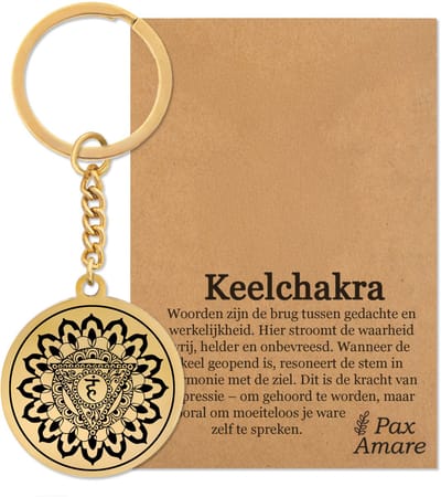 Keelchakra (Vishuddha) Sleutelhanger op Cadeau Kaartje – Spiritueel Cadeau van Roestvrij Staal – Goudkleurig – Pax Amare