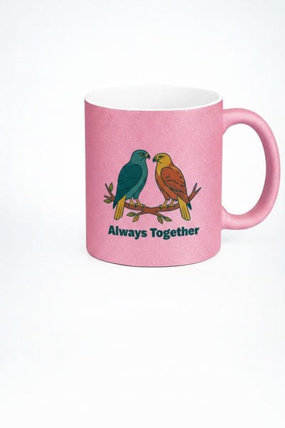 Roze Glitter Mok met 'Always Together' Vogels - Romantisch Cadeau Liefde Koppels