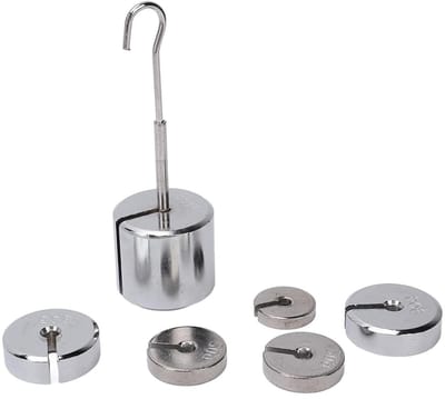 Cosensi - Stalen massaset met gleuf, gewichten van 200 g, 50 g, 20 g, 10 g en metalen hanger, geschikt voor klaslokaal onderzoek.